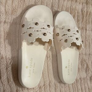 Kate Spade Cream Slide Sandals with Gold Accents